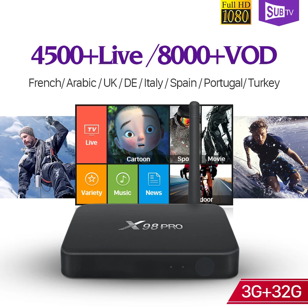 

IPTV Receiver Box SUBTV 1 Year France X98 Pro Android H.265 3G+32G BT4.0 2.4G+5.8G WiFi IP TV Full HD 4K Arabic Belgium Italia
