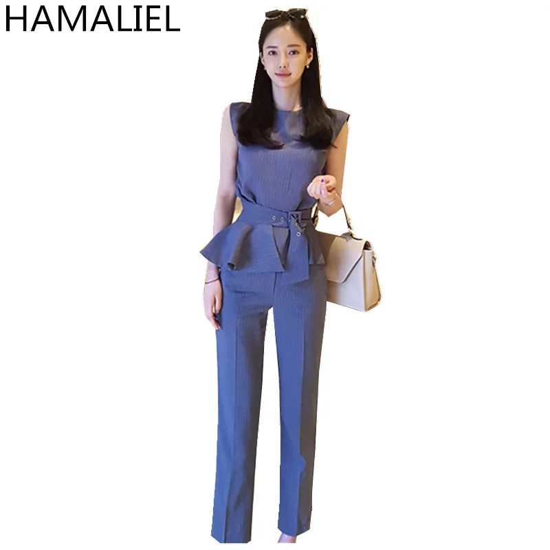 

2018 New Summer Pant Suit 2 Piece Women Set Fashion Office Ruffles Sashes Striped Shirts Sleeveless Top+ Slim Work Trouset Set