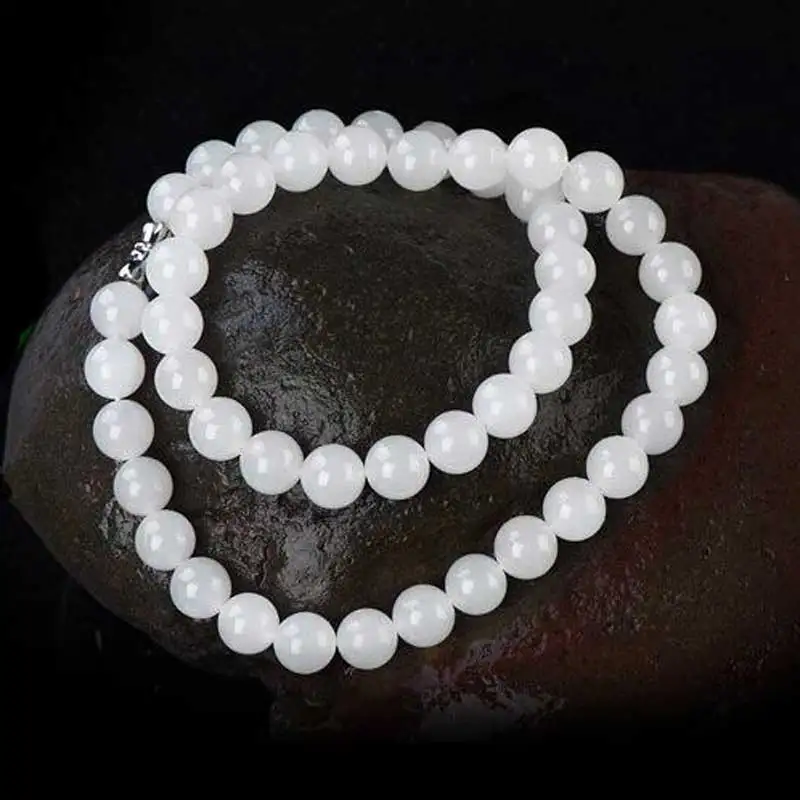 Kyszdl Natural Hetian White Jade Round Beads Necklace Women Short 8 Mm