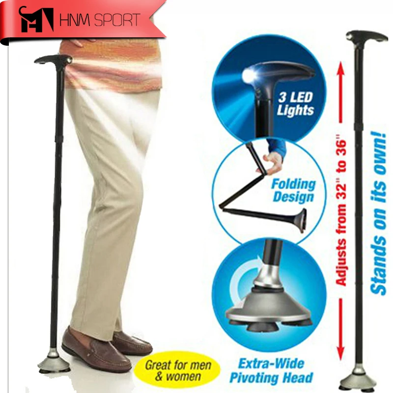 Strong Iron Pipe Dependable Foldable Walking Stick With 3 LED Lights