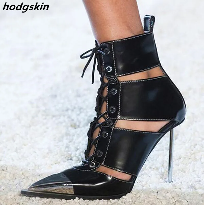 

2019 Chic Runway Cut-outs Summer Women Ankle Boots Metal Thin High Heels Lace Up Black Leather Motorcycle Boot Party Shoes Woman