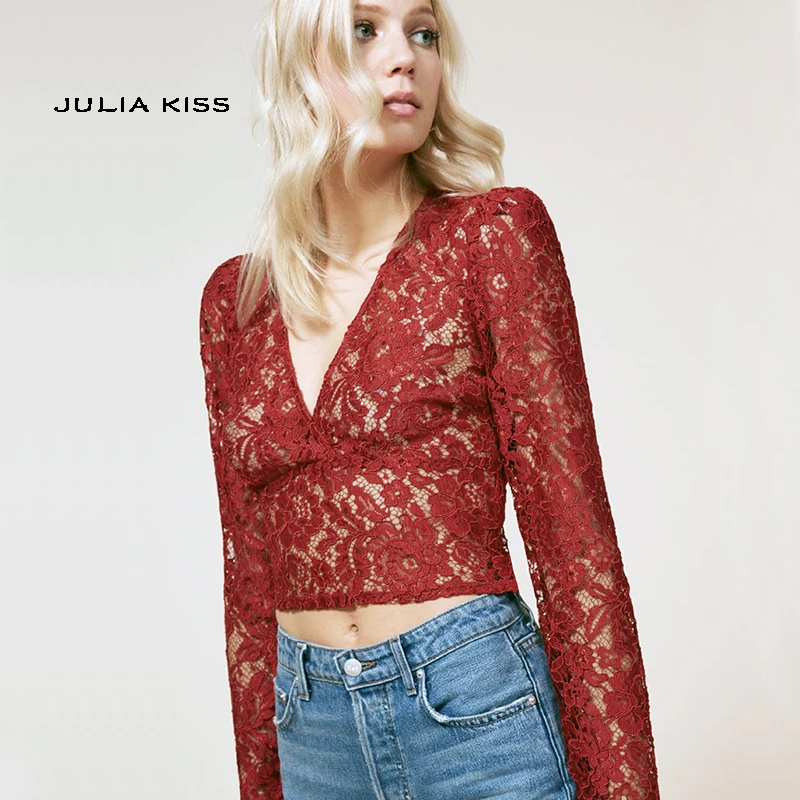

Women V Neck Hollow Out Lace Crop Blouse Lace Top with Zip Side