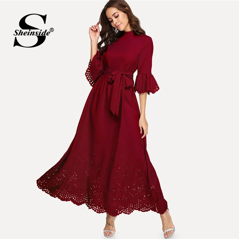 

Sheinside Scalloped Hollow Out 3/4 Sleeve Dress 2019 Spring Elegant Flounce Sleeve Solid Maxi Dresses High Waist A Line Dress