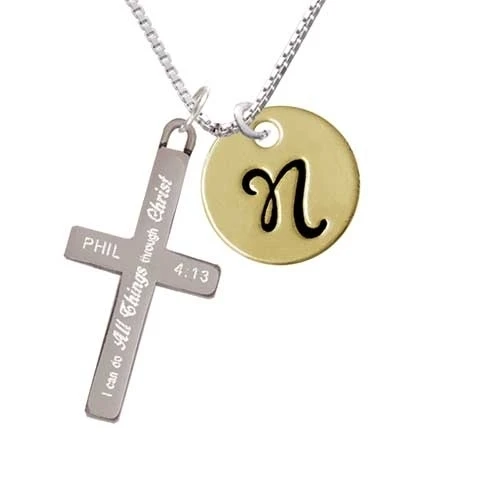 Large Gold Tone Disc Letter - N - 3/4'' - I Can Do All Things - Cross Necklace (1)