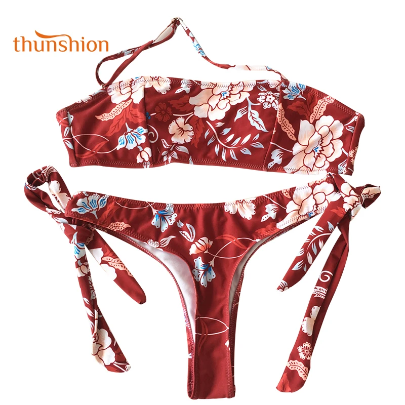 

THUNSHION Sexy Bikini Bandeau Push Up Swimsuit Female Swimwear Wire Free Bathing Suits Summer Floral Print Bikini Tie String