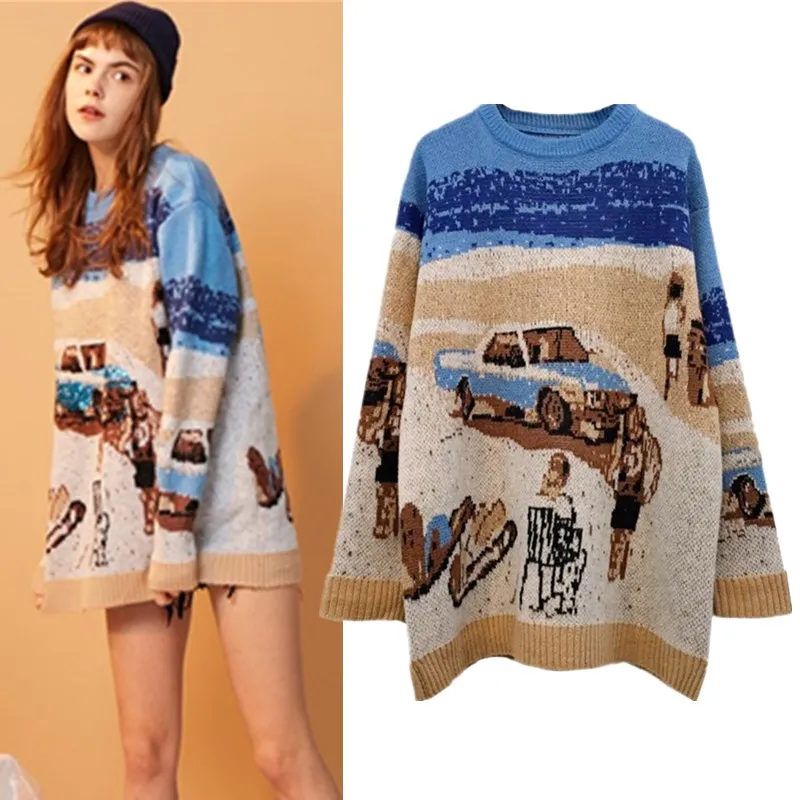 

2018 Runway women sweaters contrast color loose preppy vintage style casual party knitting pullover sequin sweaters female NS220