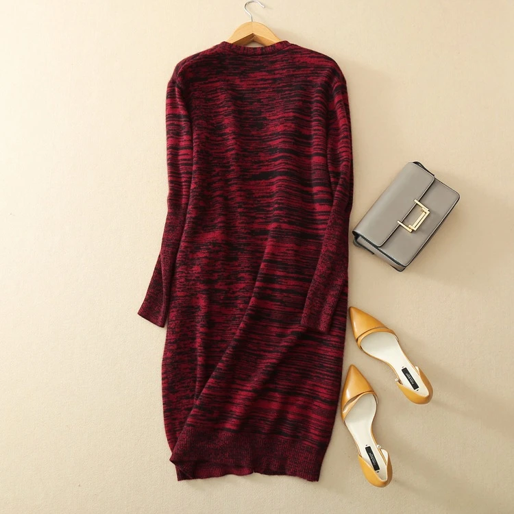  100%goat cashmere A/B yarn knit women striped long cardigan sweater coat M/L spring autumn winter