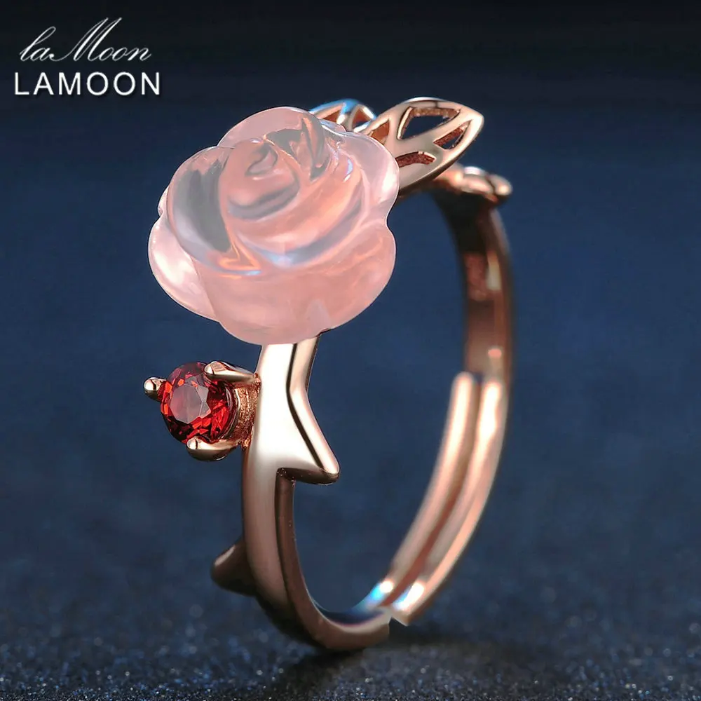 LAMOON Flower Rose 9mm 100 Natural Pink Rose Quartz Ring