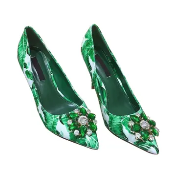 

fashion Woman Floral diamonds Green Banana Leafs 9CM heel Pumps Pointed Toe high heel Stiletto woman Wedding Dress Heels Shoes