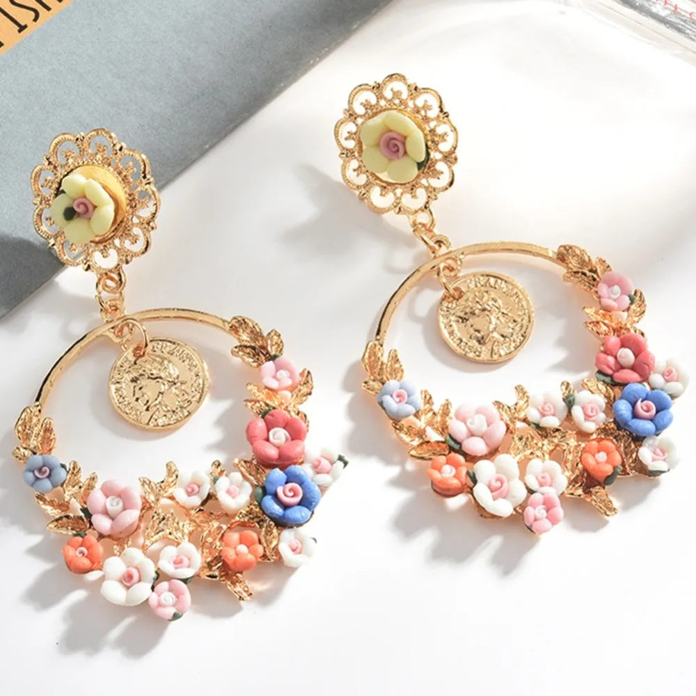 

1 Pair Vintage Pastoral Fresh Flowers Colorful Big Earrings For Women Fashion Jewelry Dangle Drop Earrings
