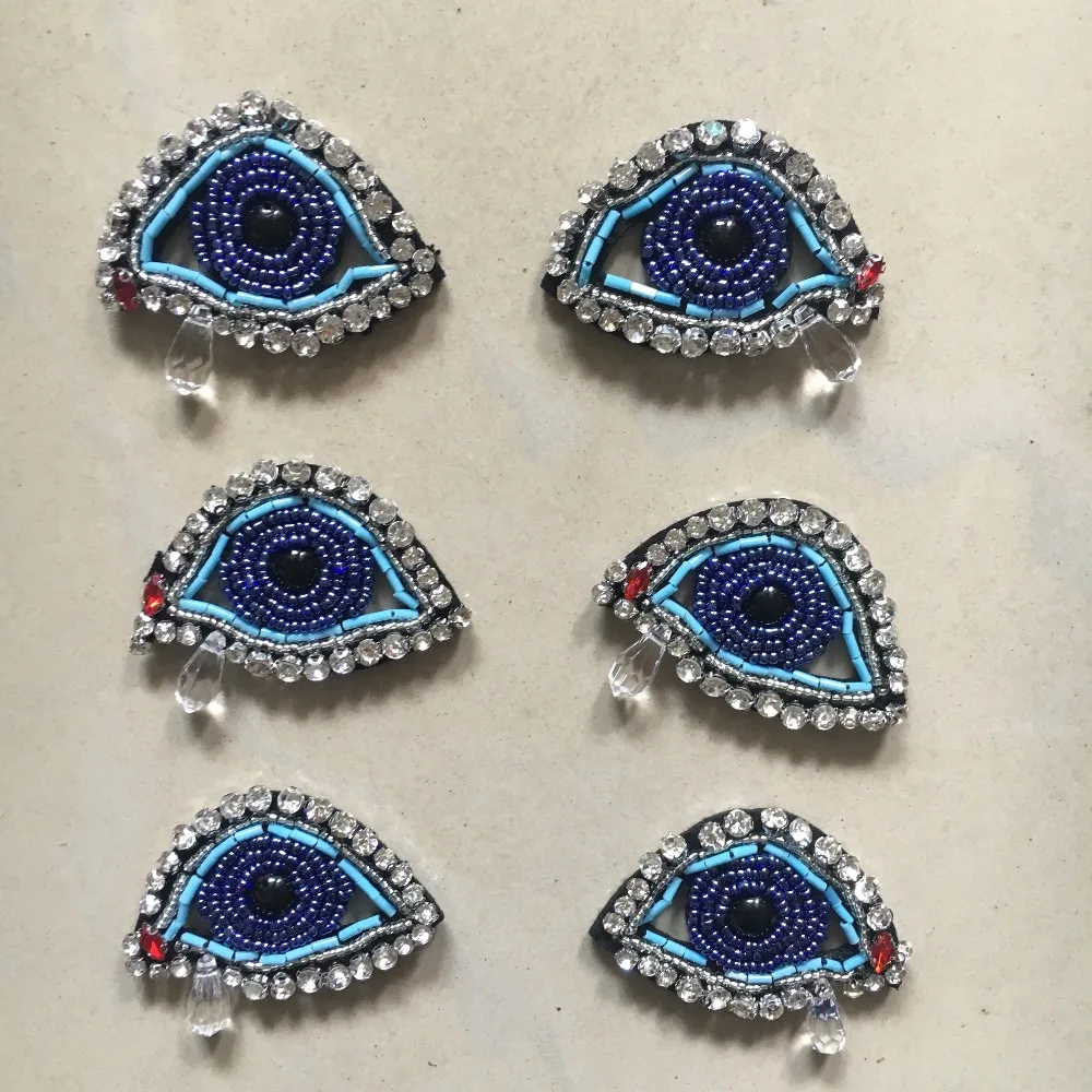 3D голубые глаза с бисером патчи для одежды левый и правый Стразы пришивные патчи для одежды 6x4 см ручной работы декоративные элементы для ремонта