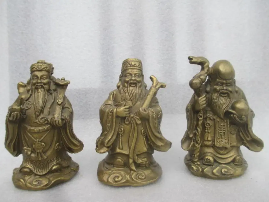 

China's rare collectibles decoration old copper fu lu shou three statues