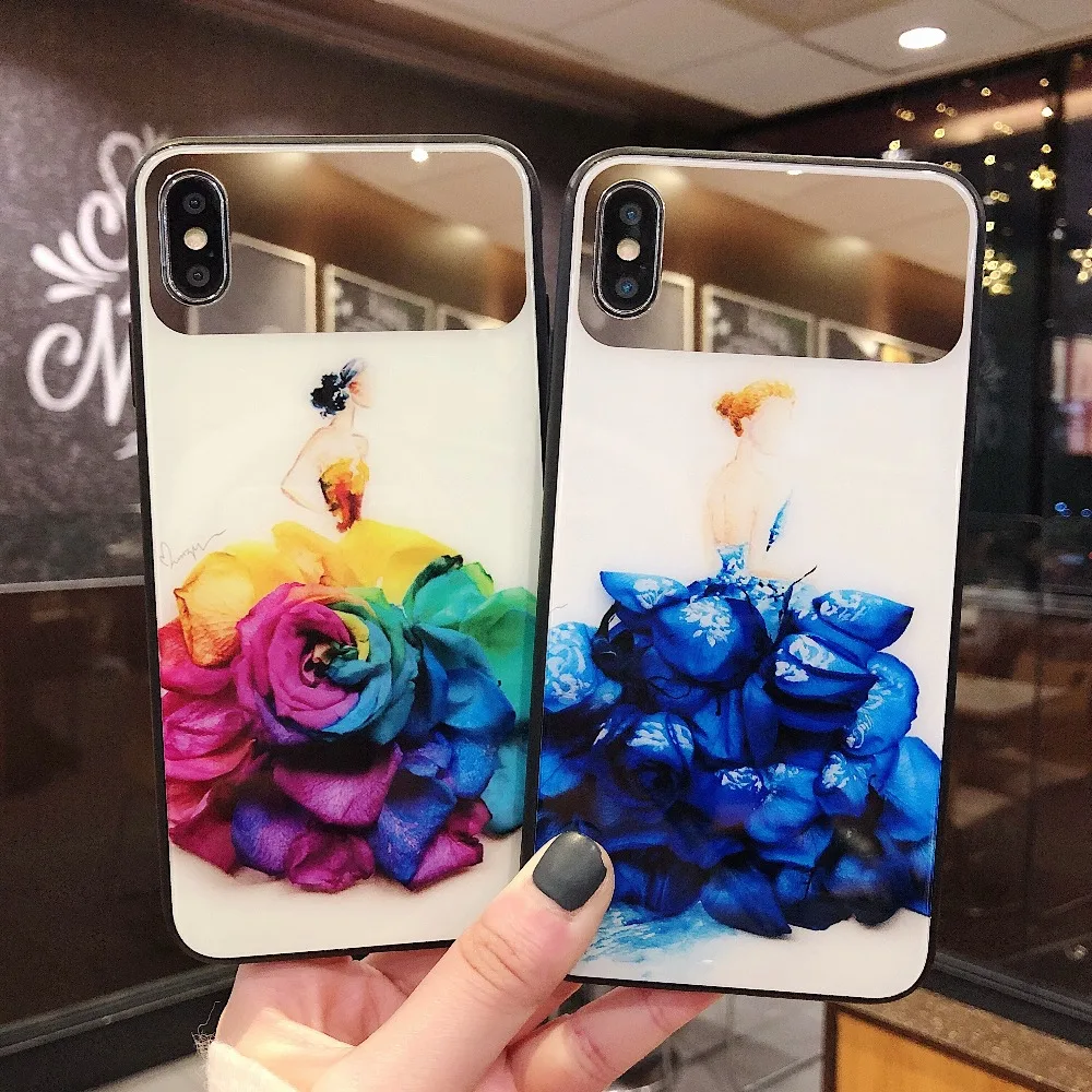 

Beautiful Flower Mirror Colorful Glass Phone Case For Iphone XS Max XR X Fashion Girl Glossy Back Cover for Iphone 6 6S 7 8 Plus