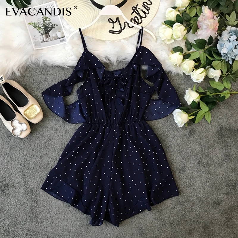 

Polka Dot Ruffle Short Women Jumpsuit Sexy Summer Playsuit Tunic Korean Boho Beach Rompers Lace Up Off Shoulder Women Jumpsuit