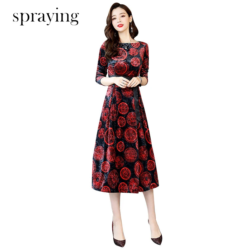 

2019 New spring gold velvet print dress top quality Elegant temperament O-Neck Long sleeve women dresses female long Dress