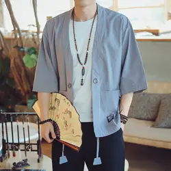 Китайский стиль 80s gonfu Мужская Удобная мягкая льняная куртка с укороченным рукавом тонкое кимоно в винтажном стиле Повседневный Кардиган