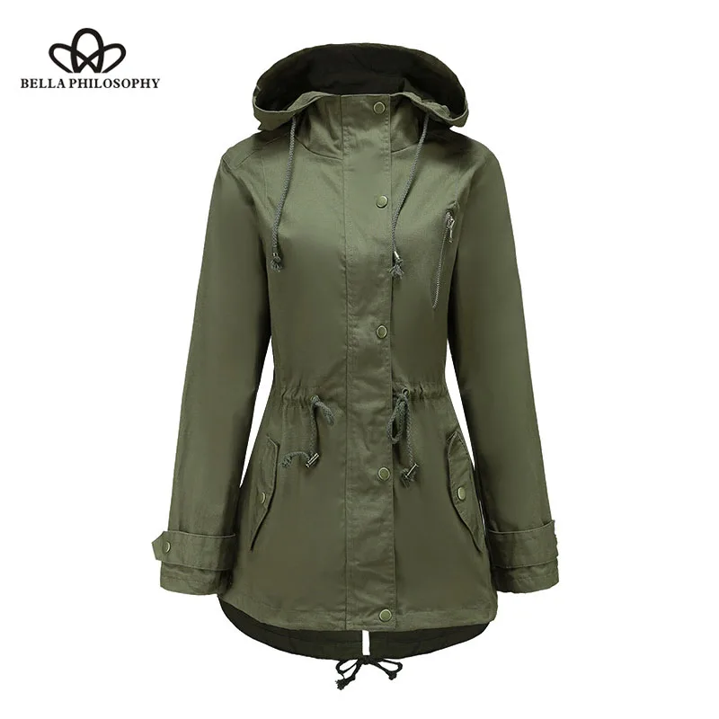 

Bella Philosophy 2019 spring autumn Women Solid Casual Hooded jacket coat Long Lady outdoors Windbreaker outerwear female basic