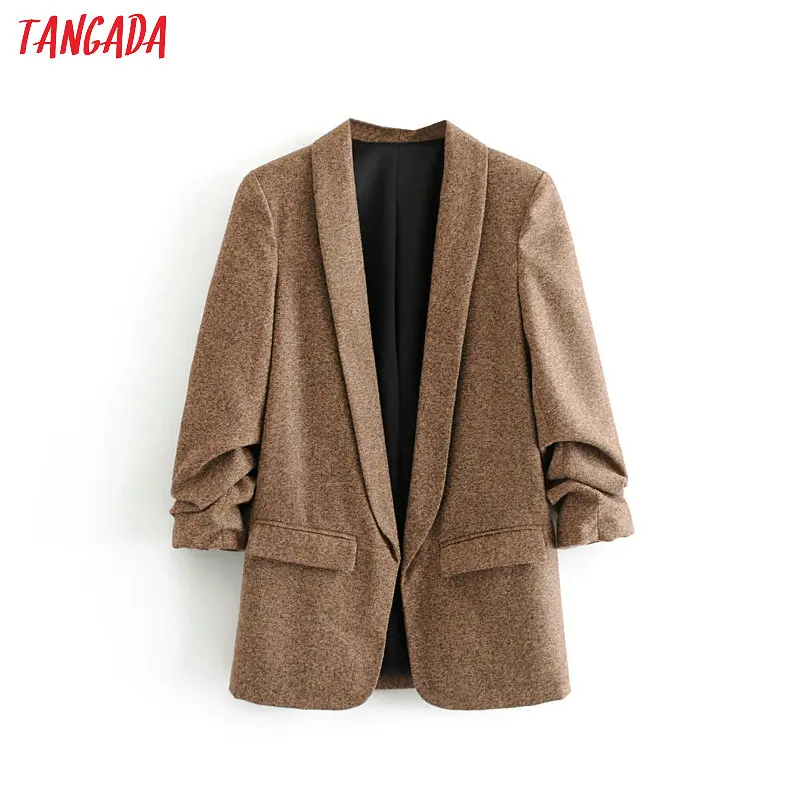 

Tangada korea women solid blazer winter pockets pleated three quarter sleeve outerwear ladies work wear suit chic tops 3H35