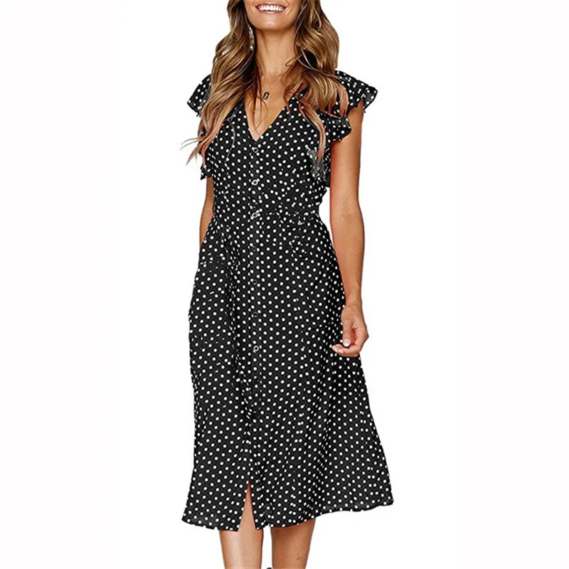 

Women V Neck Dot Printed Butterfly Sleeve Buttons Midi Dress 2019 Summer New Casual Slim Elegant Dresses Vestidos Big Size S-3XL