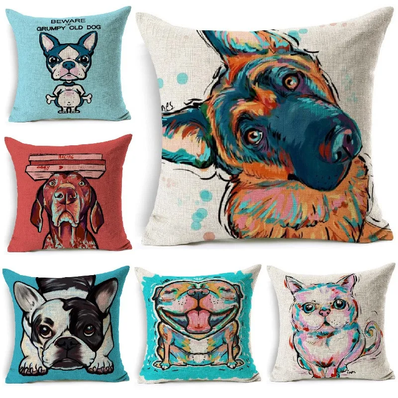 Funny Dog Cat Color Painting Cushion Cover Linen Throw Pillows Cover Car Sofa Home Decorative Pillowcase decorativos cojines