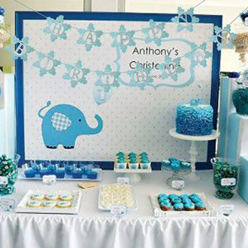 Silver Blue Glitter Happy Birthday Banner Ice and Snow Garland Winter Snowflake Holiday Wall Decoration Frozen Girl Decor