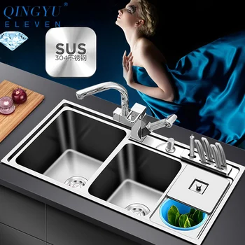 

SUS 304 sink stainless kitchen sink double Bowl 220mm depth sinks above counter or undermount installation multifunction sinks