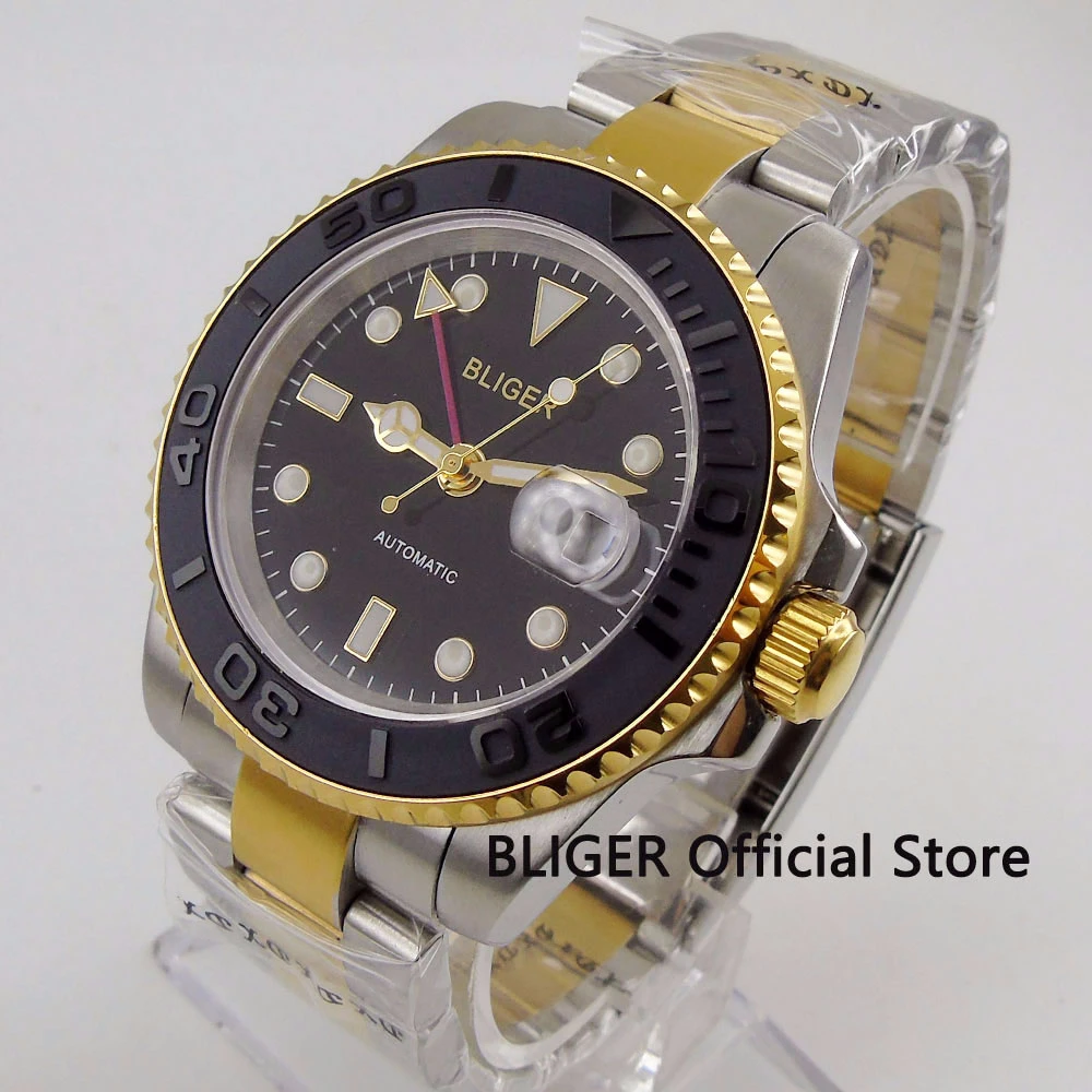 

Sapphire Crystal BLIGER 40MM Black Dial Watch Ceramic Bezel GMT Function Golden Plated Wacase Automatic Movement Men's Watch