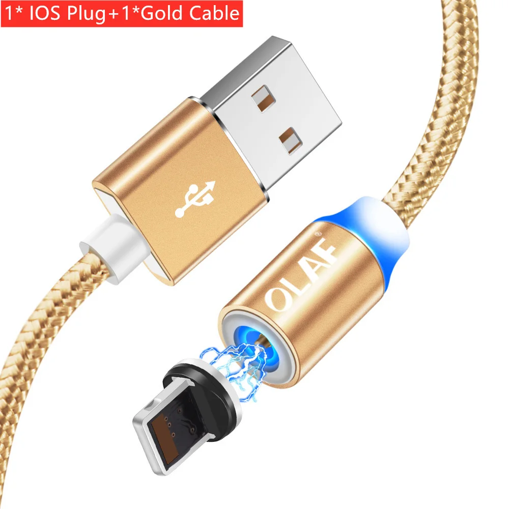Магнитный светодиодный кабель OLAF, нейлоновый кабель Micro usb type C для iPhone X, XS, Max, samsung, S9, S8, huawei, Xiaomi, USB-C, магнитный шнур для зарядного устройства - Цвет: Gold For IOS