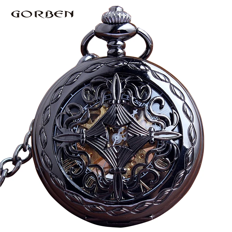 

Retro Mechanical Hollow Black Vintage Pocket Watch Steampunk Skeleton Hand Wind Pocket Fob Watches For Men Relogio De Bolso New