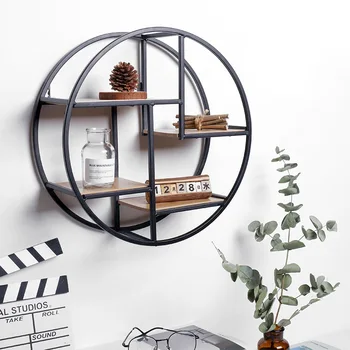 

Round Retro Wall Unit Wood Metal Hanging Shelf Office Sundries Art Storage Rack Home Wooden Decorative Craft Holder 4 Partitions