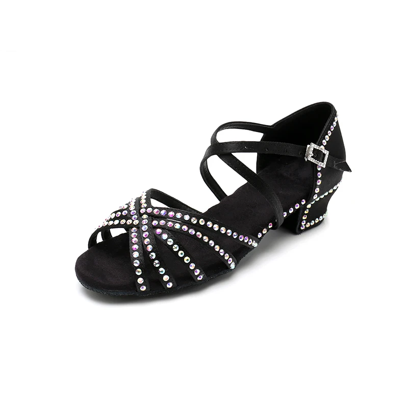 Diamond Decorated Satin Low Heels Kids Girls Teenagers Ballroom Latin Dancing Shoes Sandals Children's Rhinestone Dance Shoes - Цвет: Black 3.5cm heel