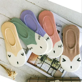 

1 Pair Lovely Cartoon Fox Cotton Socks Spring Summer Invisible Non-slip Silicone Low Cut Ankle Socks