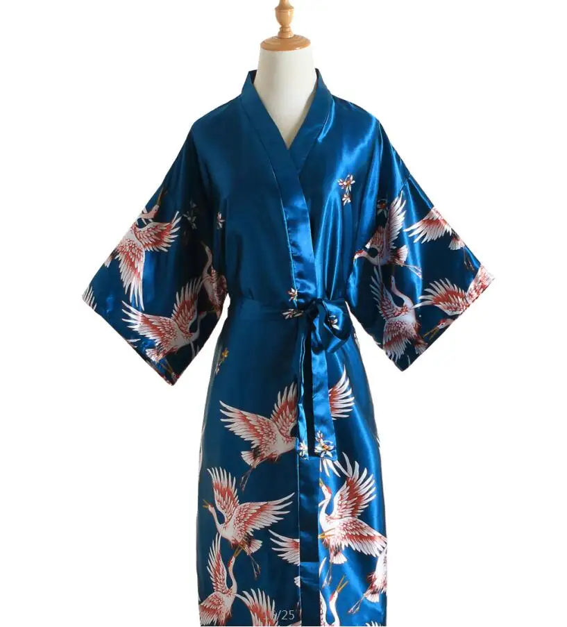 Женское ночное белье с принтом бордовый Китайский шелковый халат из вискозы платье подружки невесты сексуальный Свадебный халат кимоно Халат Один размер - Цвет: lake blue