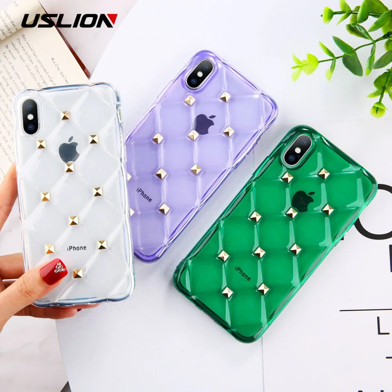 

USLION Transparent Rivets Pattern Phone Case For iPhone X XR XS Max 6 6S 7 8 Plus Colorful Clear Soft TPU Protection Back Cover