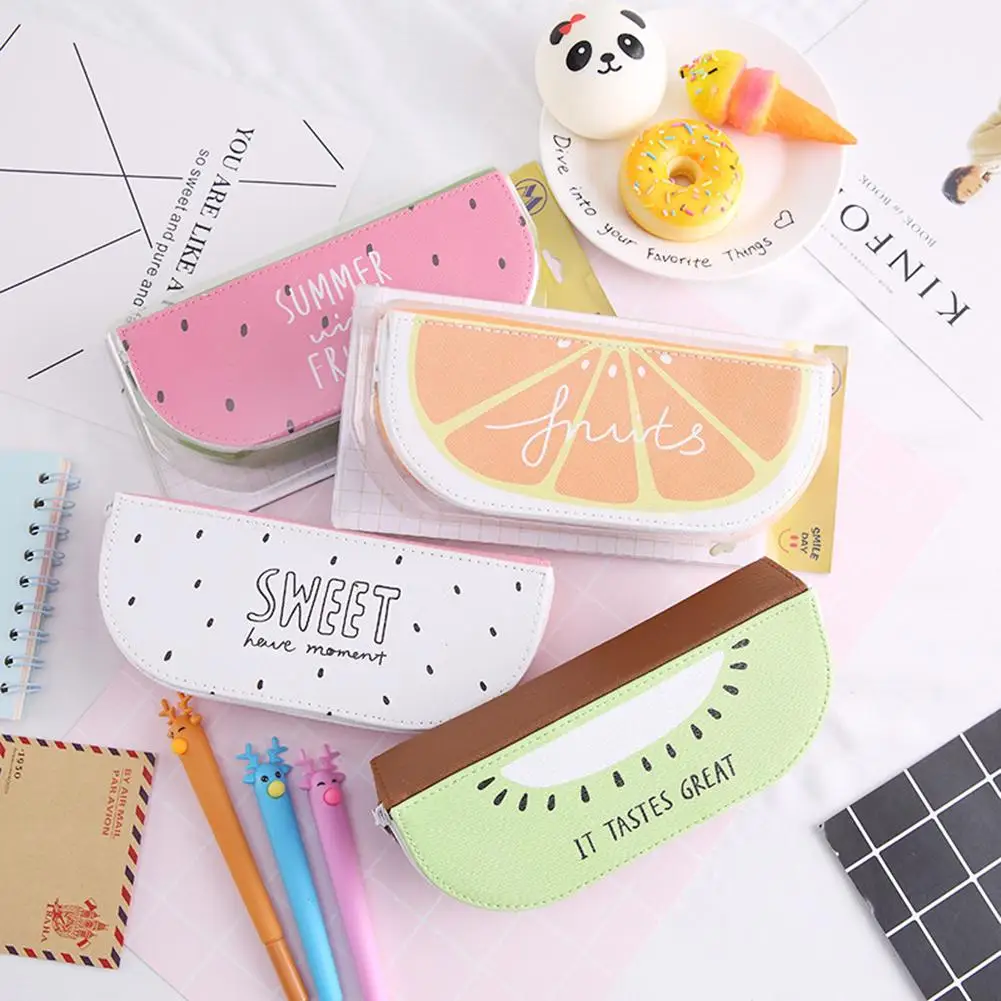 

Semicircle Fruit Zipper Faux Leather Pencil Case Stationery Bag Student Gift