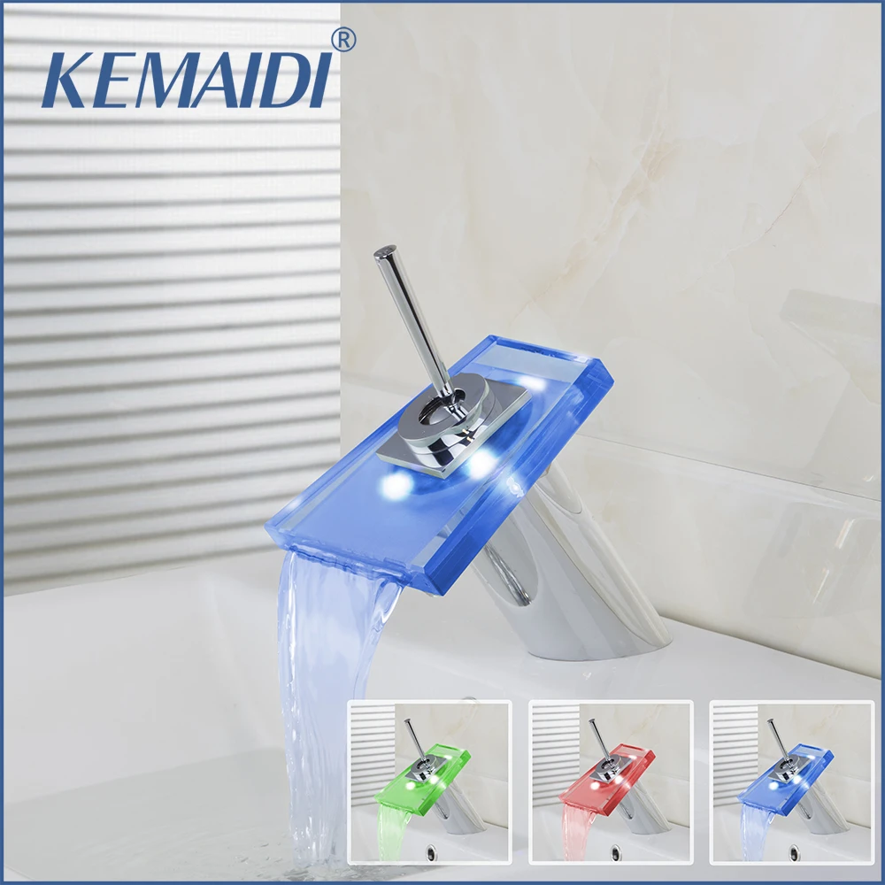 

KEMAIDI 8220-3 LED Colors Changing Chrome Waterfall Bathroom Basin Sink Mixer Tap Basin Faucet