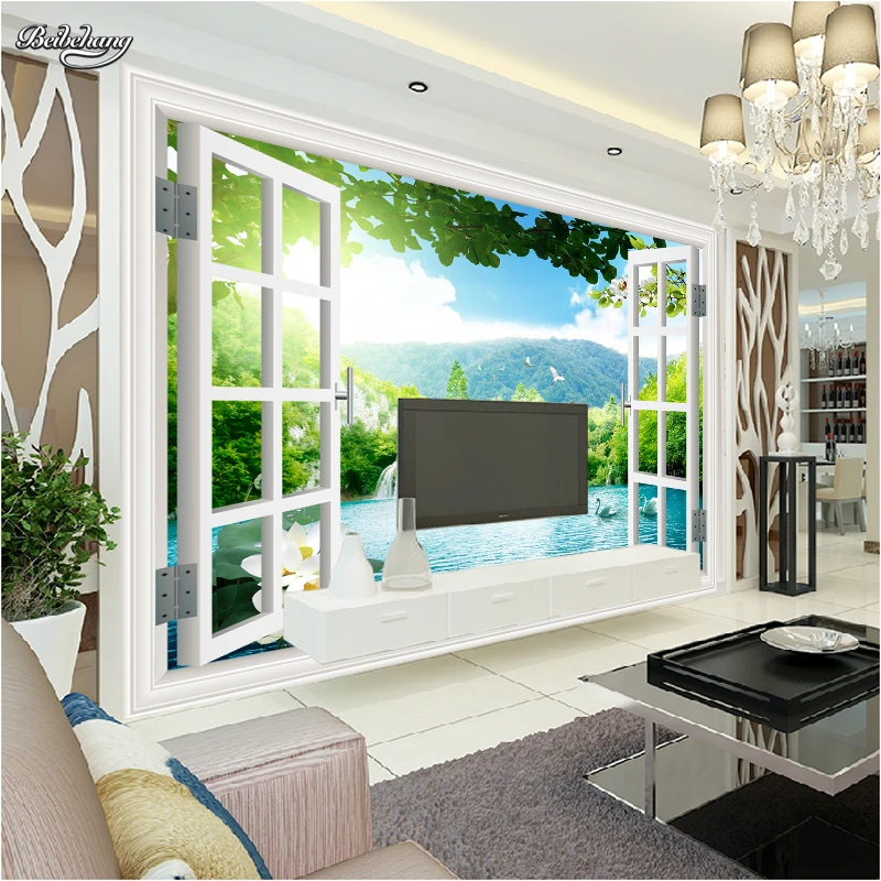 

beibehang large mural wallpaper TV backdrop living room non-woven wallpaper landscape 3d perspective papel de parede para quarto