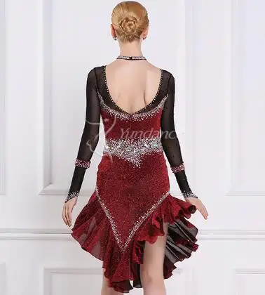 Горный хрусталь винно-красного цвета настроить на заказ сзади вырез Румба ча-ча Сальса Танго конкурс латиноамериканских танцев платье