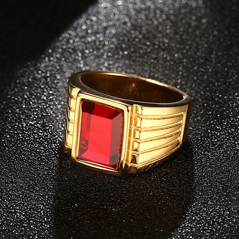 Meaeguet 14mm Wide Men's Square Created Red Stone Rings Gold-Color Stainless Steel Jewelry Bague Anillos US Size 7-11