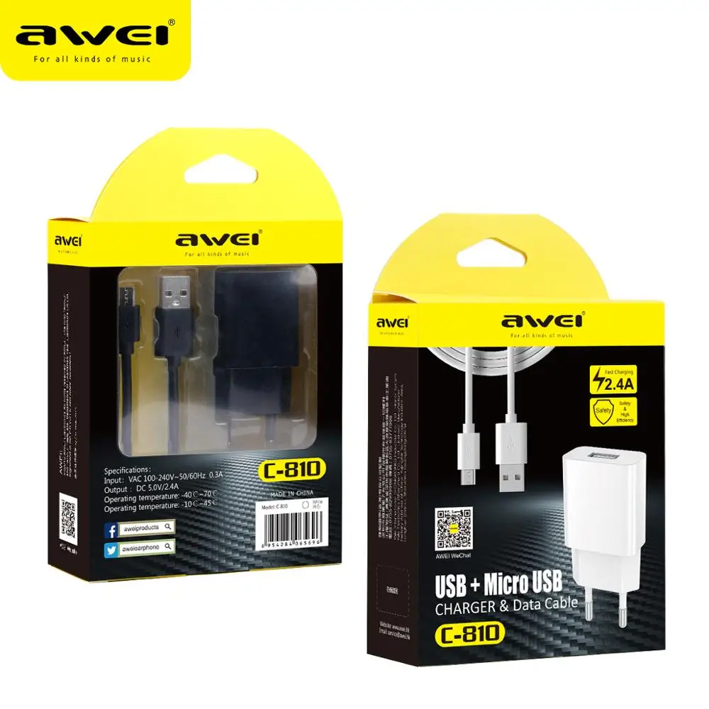 Awei C 810 Универсальный USB быстрая зарядка с кабелем 100 240 В 2.4A штекер телефон быстрое