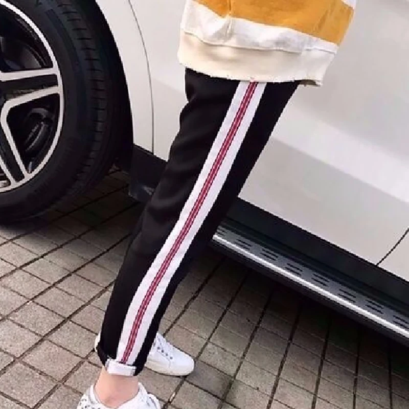 

Womens Slim Drawstring Elastic Bottoms With Pockets Plus Size Spring Mid Waist Harem Pants Stripes Printed Long Jogger Trousers