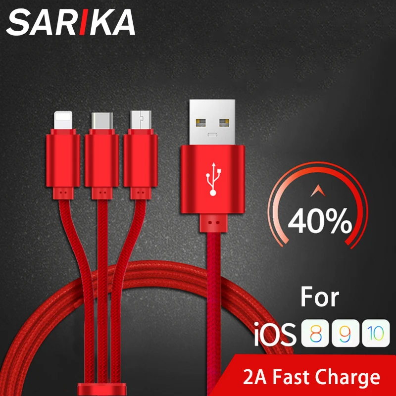 

Sarika 3 in 1 Multi Charger Cable For iPhone X 6 6S 7 8 Plus Micro USB Port For Android Mobile Charge USB Type C Microusb Cable
