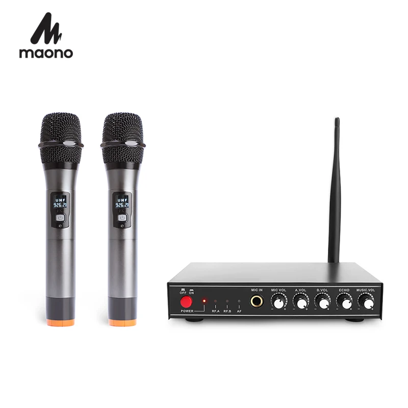

MAONO Professional UHF Metal Vocal Wireless Microphone System Dual Channel Handheld Microphones Karaoke Microphone Mixer