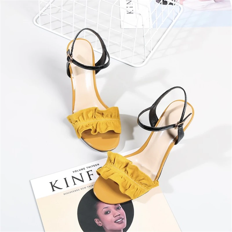 Ouqinvshen Ruffles Super High Heels Sandals Mixed Colors Thin Heel Yellow Fashion Sexy Woman Pumps Peep Toe Summer Shoes Women Ouqinvshen Ruffles Super High Heels Sandals Mixed Colors Thin Heel Yellow Fashion Sexy Woman Pumps Peep Toe Summer Shoes Women