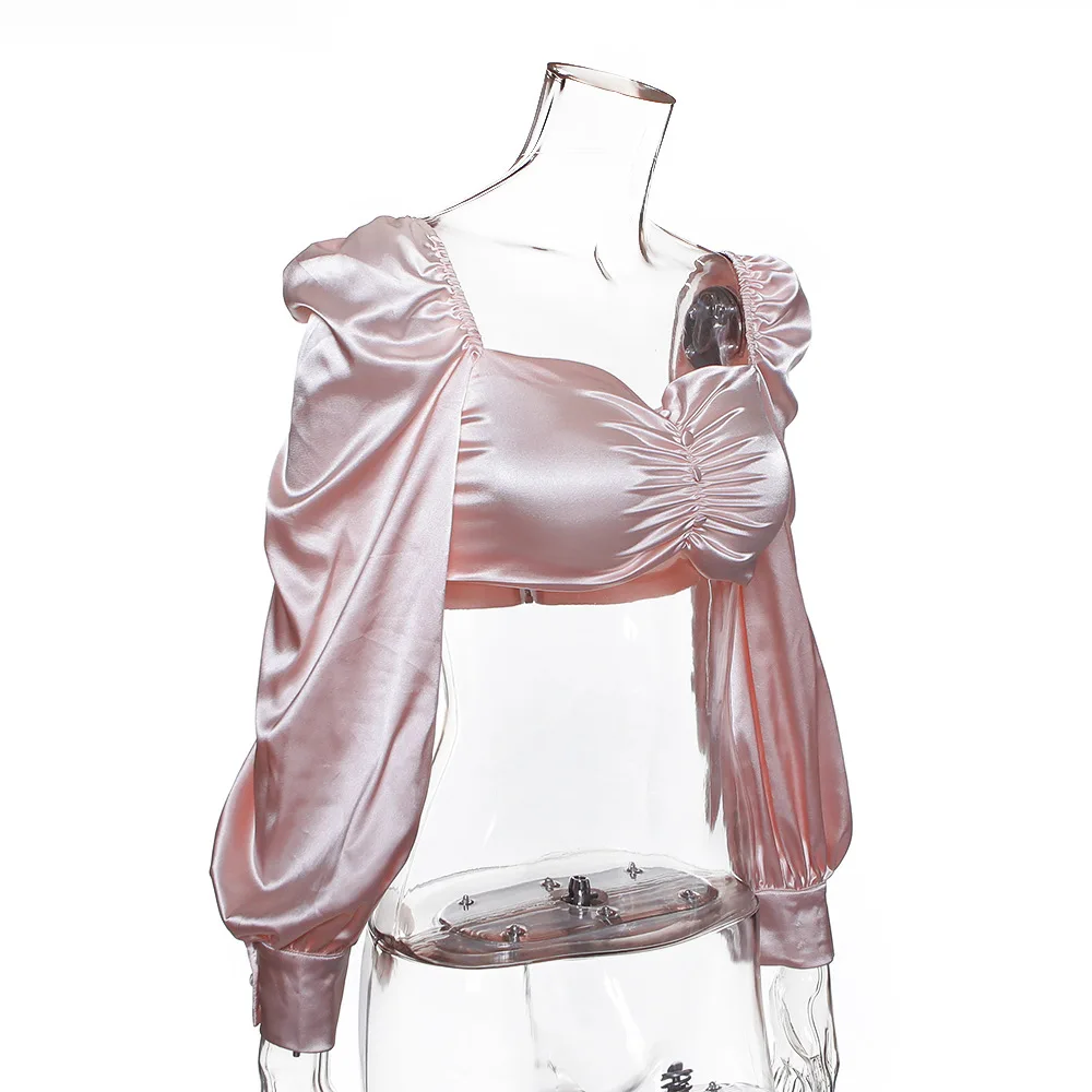 Криптографический винтажный квадратный воротник с пышными рукавами и пуговицами, сексуальные блузки, женские топы, летний топ, розовая блузка с открытой спиной, шикарные рубашки