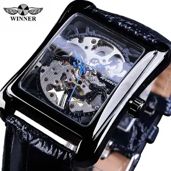

Winner Watch Fashion Rectangle Black Watch Men's Skeleton Clock Top Brand Luxury relogio masculino Unique Blue Hands Design