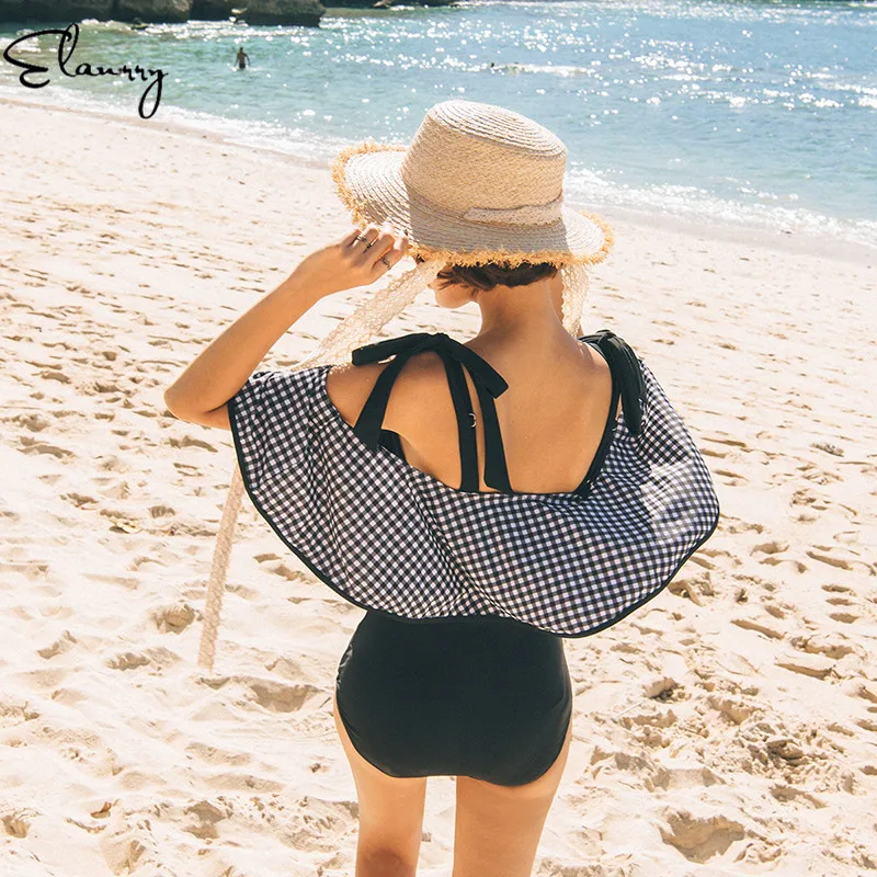 Женские цельные винтажные сплошные купальники с открытыми плечами сексуальный пуш-ап пожирающий купальник сексуальные купальные костюмы клетчатые летние купальники