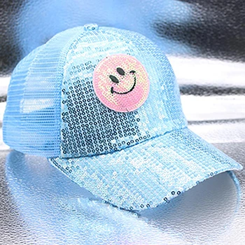 Летняя детская сетчатая кепка со смайликами для девочек, защита от солнца, бейсболка, кепка, Повседневная Кепка для мальчиков, Студенческая Кепка, Snapback - Цвет: blue