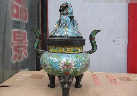 

Elegant old S0229 100% Pure Bronze handwork made cloisonne Dragon hover Hill incense burner Censer statue (A0322)