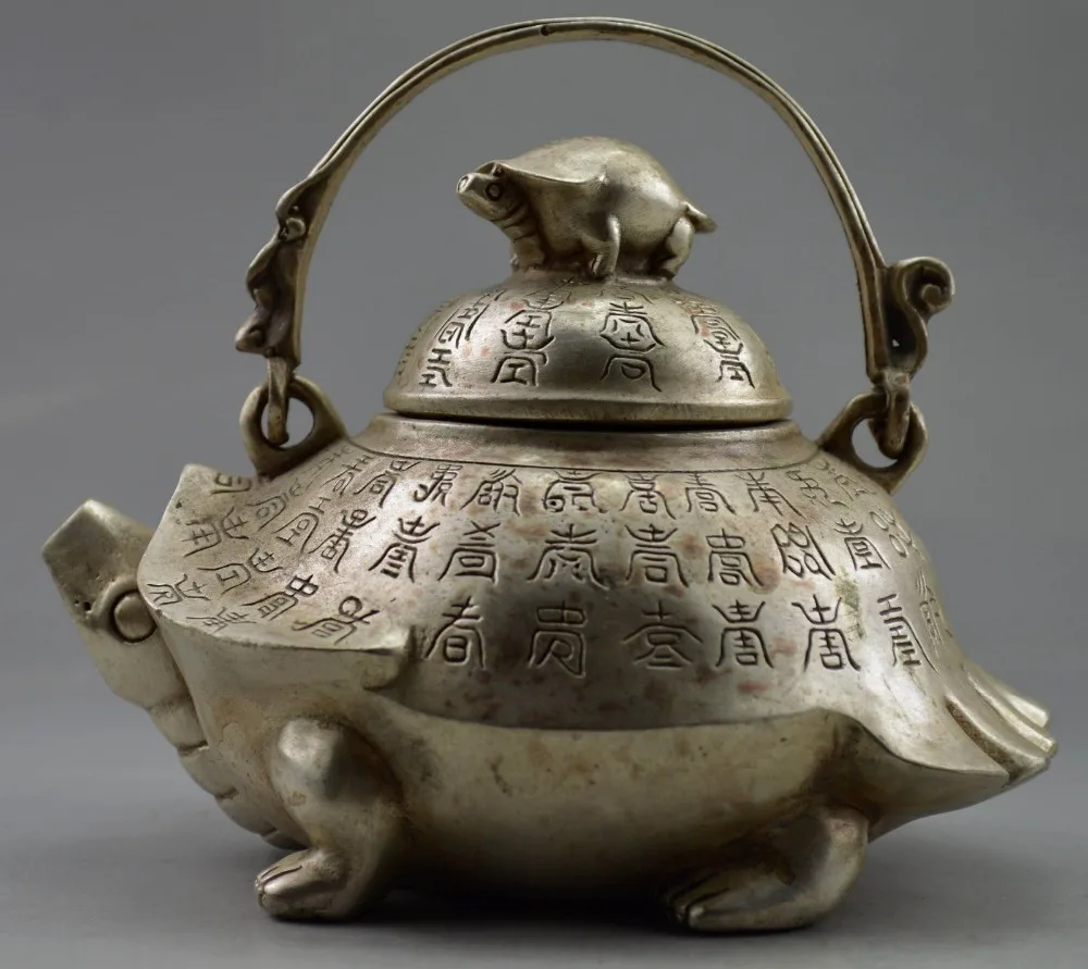 Коллекционная Оформлен Старый Ручная Тибет Серебряные Резные Черепаха Большой Чайник Статуя быстрая Доставка